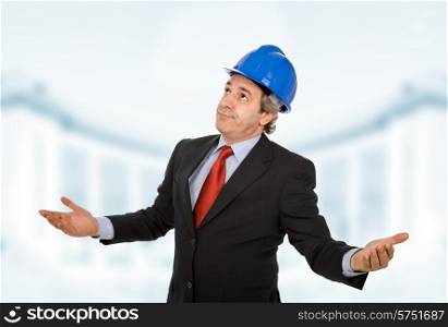 An worried engineer with blue hat with open arms
