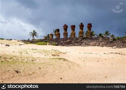 Anakena palm beach and Moais statues site ahu Nao Nao, easter island, Chile. Anakena palm beach and Moais statues site ahu Nao Nao, easter island