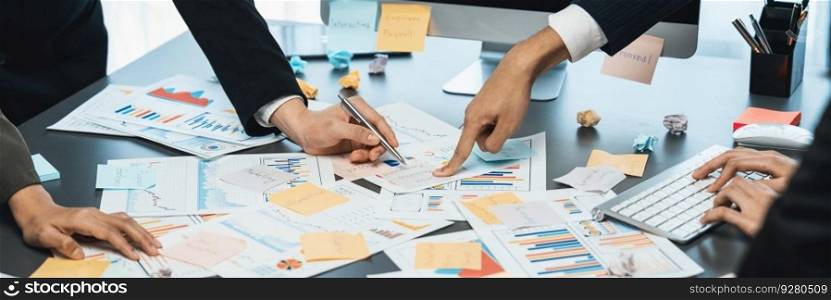 Analyst team use sticky note for financial insight with business Fintech papers for data analysis dashboard. Creative and analytic teamwork idea brainstorming for strategic business marketing. Prodigy. Analyst team use sticky note for financial analyzing. Prodigy