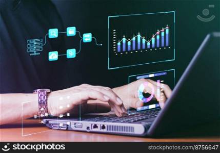 Analyst working with Business Analytics and Data Management System on computer, make a report with KPI and metrics connected to database. Corporate strategy for finance, operations, sales, marketing.
