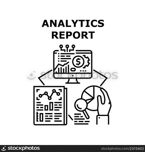 Analytics Report Vector Icon Concept. Analytics Report Researching Financial Manager On Document List Or Computer Screen. Analyzing Finance Chart And Diagram Documentation Black Illustration. Analytics Report Vector Concept Black Illustration