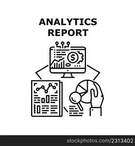 Analytics Report Vector Icon Concept. Analytics Report Researching Financial Manager On Document List Or Computer Screen. Analyzing Finance Chart And Diagram Documentation Black Illustration. Analytics Report Vector Concept Black Illustration