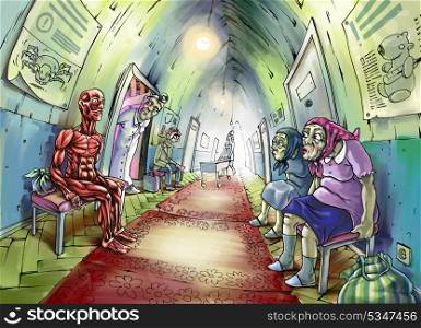 Anatomical Man in a Hospital. The illustration of the anatomical man sitting in a hospital corridor. All another patients and even the doctor are very wondered.