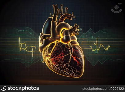 Anatomy of human heart of ecg medical background illustration. AI generative.