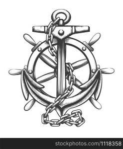 Anchor and ships wheel tattoo in engraving style isolated on white background. Vector illustration