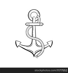 Anchor with rope black ink vector illustration. Sea boat, yacht, ship safety equipment sketch. Ancient anchor vintage engraving. Marine adventure symbol. Sailing club logo, poster design element. Anchor black and white illustration