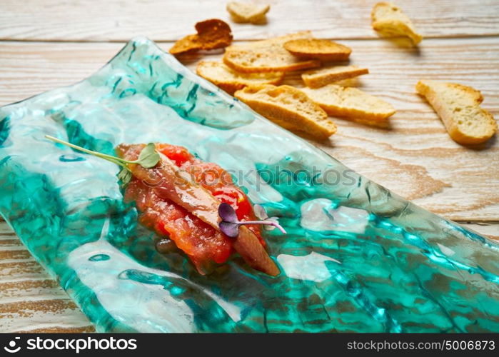 Anchovies on fresh grated tomato starter tapas