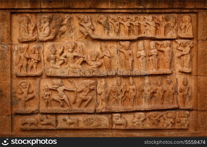 Ancient bas relief. Brihadishwara Temple. Tanjore (Thanjavur), Tamil Nadu, India. UNESCO World Heritage Site