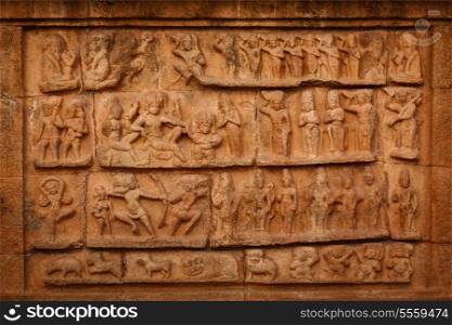 Ancient bas relief. Brihadishwara Temple. Tanjore (Thanjavur), Tamil Nadu, India. UNESCO World Heritage Site