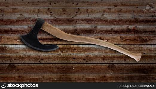 Ancient battle axe on the wooden plank background.