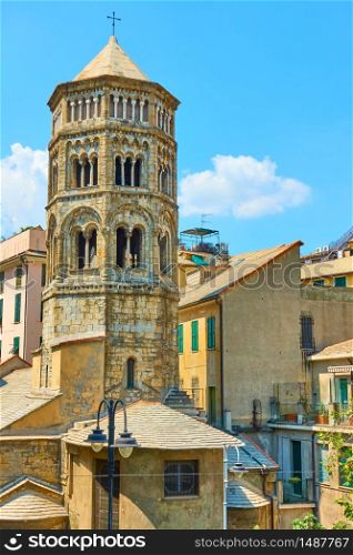 Ancient bell tower of San Donato church in Genoa, Italy