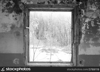 Ancient broken window close up black and white