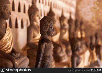 Ancient Buddha images at the Buddhist temple in Wat Si Saket. Vientiane, Laos. Focus on the bronze standing Buddha figure. Selective focus.