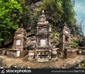 Ancient buddhist pagoda cave complex Bich Dong. Ninh Binh, Vietnam travel destination