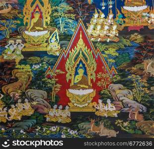 Ancient Buddhist temple mural painting of the life of Buddha
