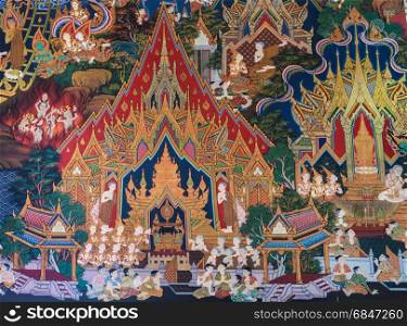 Ancient Buddhist temple mural painting of the life of Buddha in Ayutthaya, Thailand