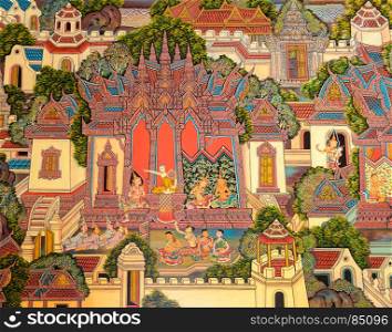 Ancient Buddhist temple mural painting of the life of Buddha in Nonthaburi, Thailand