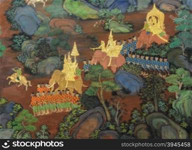 Ancient Buddhist temple mural painting of the life of Buddha inside in Bangkok, Thailand