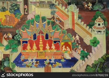 Ancient Buddhist temple mural painting of the life of Buddha, Thailand