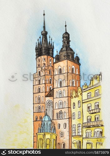 Ancient building in the old town, watercolor illustration.