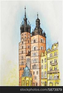 Ancient building in the old town, watercolor illustration.