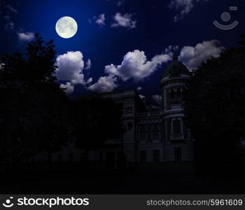 Ancient building under night sky with moon