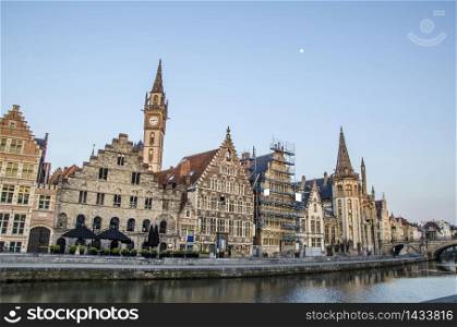 Ancient buildings in the main channel of Ghent. Belgium