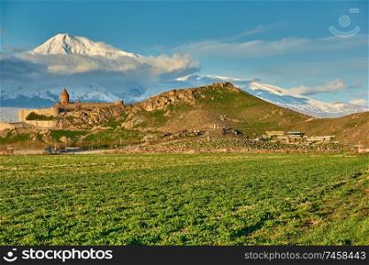Ancient castle monastery Khor Virap in Armenia with Ararat mountain landscape at background. It was founded in years 642-1662.