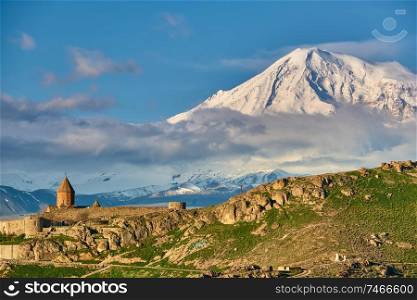 Ancient castle monastery Khor Virap in Armenia with Ararat mountain landscape at background. It was founded in years 642-1662.