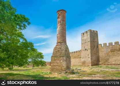 Ancient castle wall in the green city park