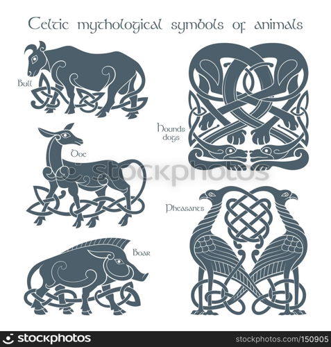 Ancient celtic mythological symbol animails set. Vector knot ornament.. Ancient celtic mythological symbol animals set