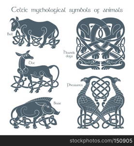 Ancient celtic mythological symbol animails set. Vector knot ornament.. Ancient celtic mythological symbol animals set