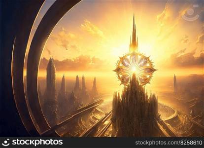 Ancient city and shiny fantasy church top. Castle in morning sun rays. Generated AI. Ancient city and shiny fantasy church top. Castle in morning sun rays. Generated AI.