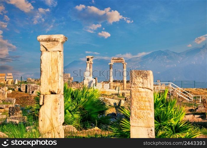 Ancient city of Hierapolis and a statue of Pluto or Hades. UNESCO cultural heritage. Pamukkale, Denizli, Turkey