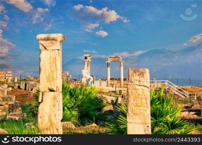 Ancient city of Hierapolis and a statue of Pluto or Hades. UNESCO cultural heritage. Pamukkale, Denizli, Turkey