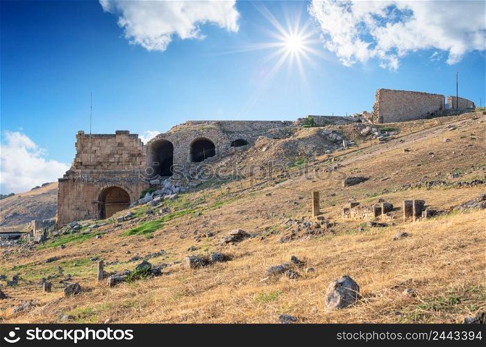 Ancient city of Hierapolis under the bright sun. Unesco cultural heritage. Denizli, Pamukkale, Turkey. Ancient city of Hierapolis under the bright sun