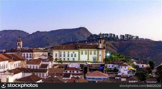 Ancient city of Ouro Preto with its houses, churches, monuments and mountains. Ancient city of Ouro Preto