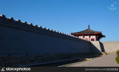 Ancient city wall of Xian China against blue sky