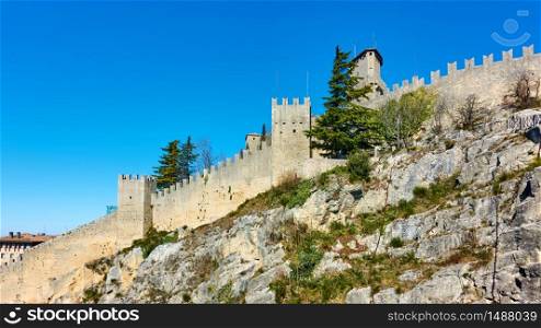 Ancient city walls of San Marino on the rock