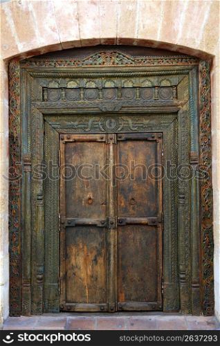 ancient eastern indian polychrome wooden entrance door