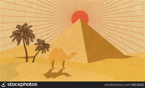 Ancient Egypt desert landscape with big pyramid, grunge illustration.