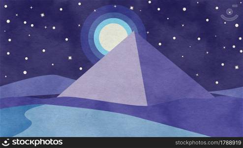 Ancient Egypt desert, night landscape with big pyramid, textured illustration.