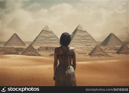 Ancient egyptian pyramid cute woman. Travel old sand. Generate Ai. Ancient egyptian pyramid cute woman. Generate Ai