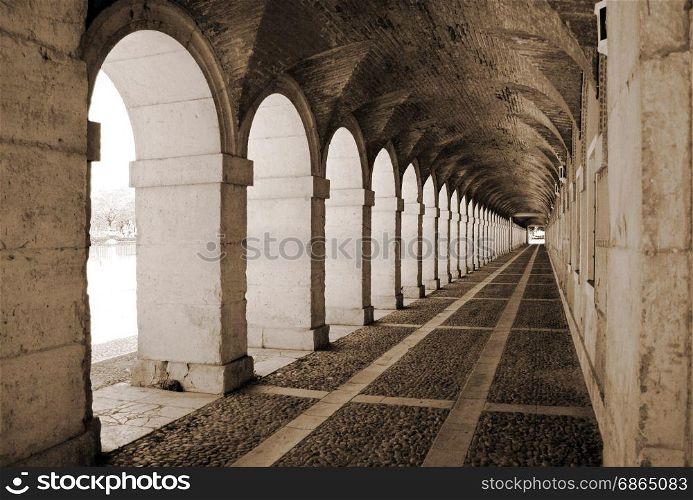Ancient exterior hallway of Royal Palace in Aranjuez (Madrid,Spain)