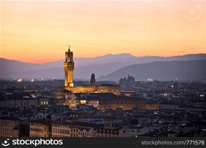 Ancient Florence cityscape and Palazzo Vecchio sunset view, Tuscany region of Italy