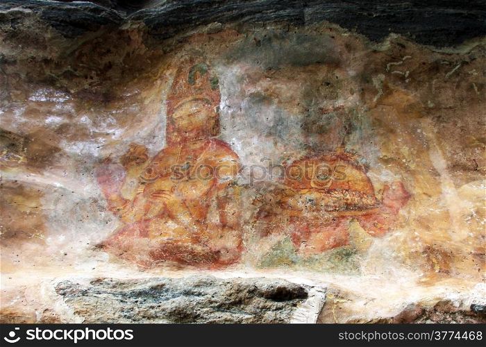Ancient fresco on the wall of Sigiriya rock, Sri Lanka