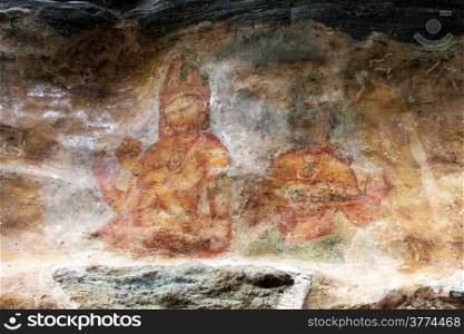 Ancient fresco on the wall of Sigiriya rock, Sri Lanka