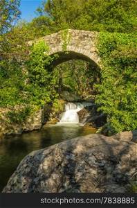 Ancient Genoese bridge, stream and cascade near Feliceto in the Balagne region of Corsica