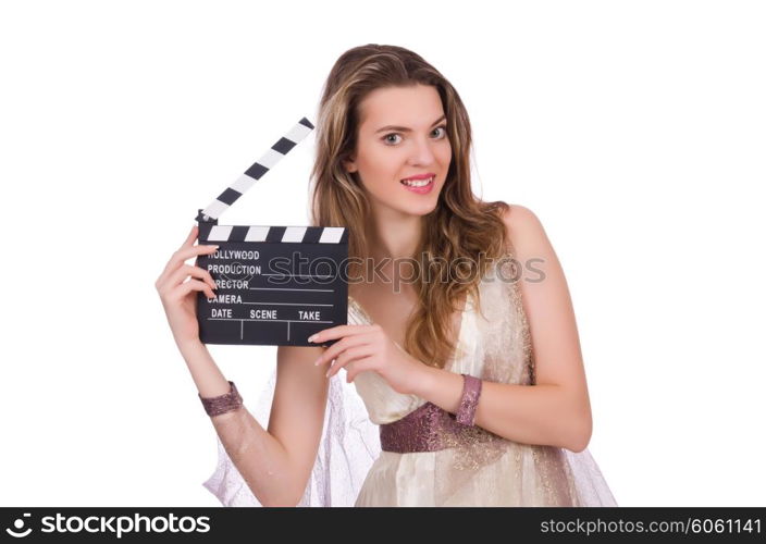 Ancient goddess with clapperboard isolated on white