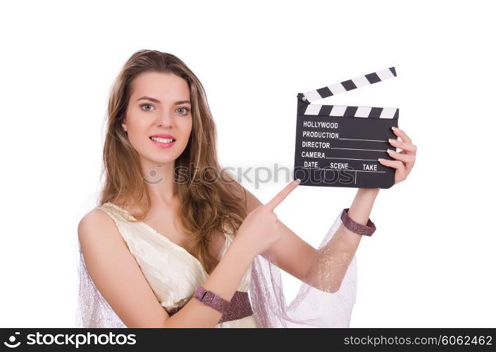 Ancient goddess with clapperboard isolated on white